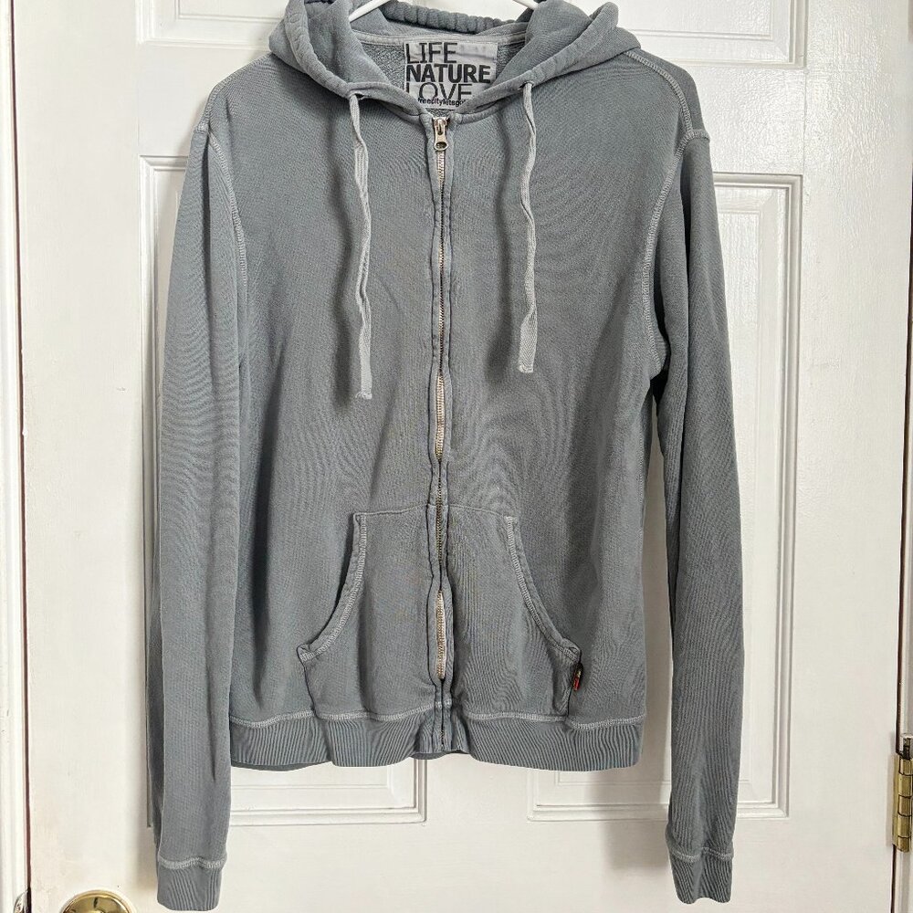 Free City Hoodie Sweatshirt Sage Green Grey Blue Full Zip Up Hood Bird Graphic 2